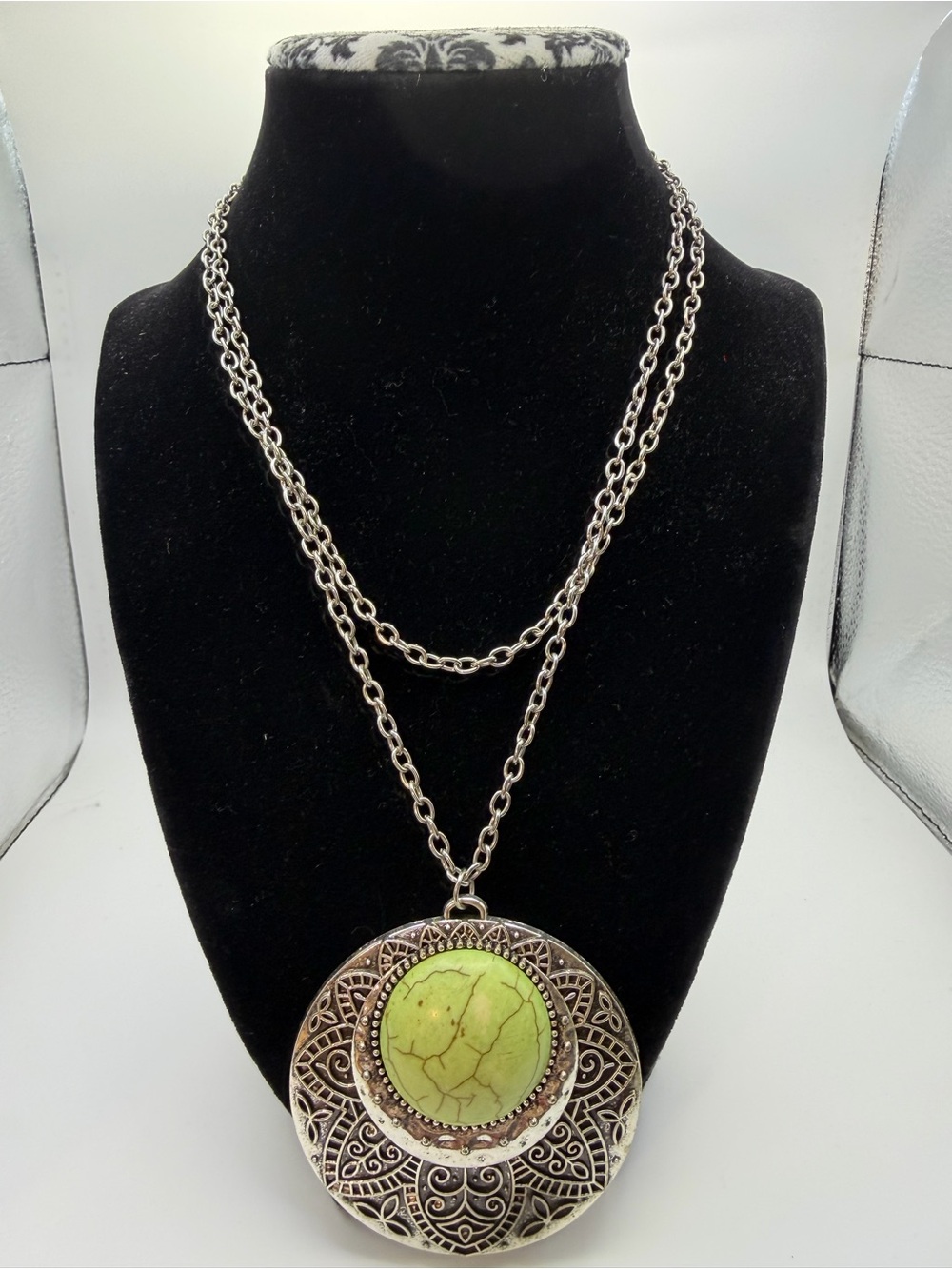 Bohemian Silver-Tone Necklace with Light Green Stone Pendant